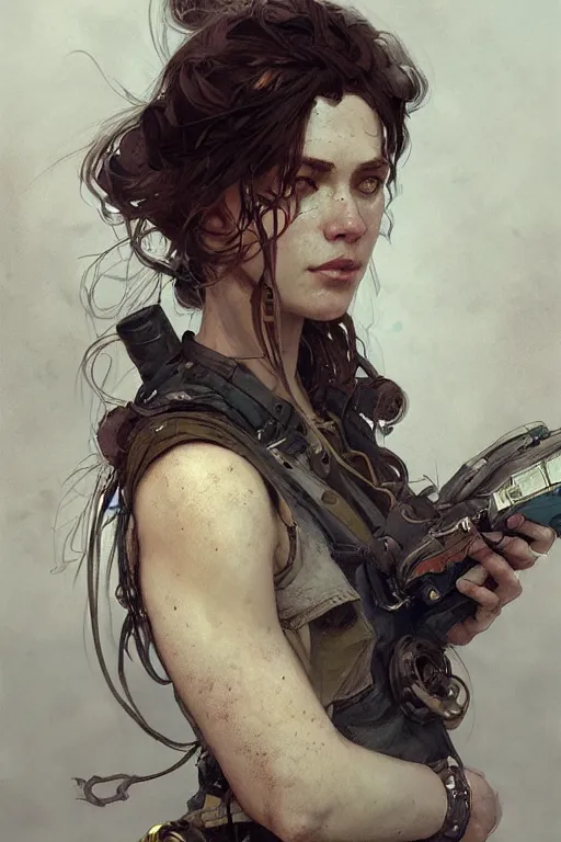 Image similar to A full portrait of a beautiful post apocalyptic mechanic, intricate, elegant, highly detailed, digital painting, artstation, concept art, smooth, sharp focus, illustration, art by Krenz Cushart and Artem Demura and alphonse mucha