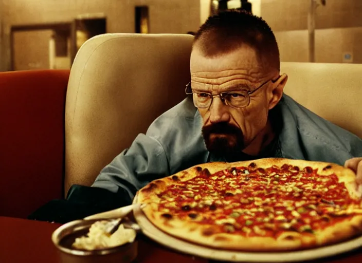 Image similar to beautiful portrait of walter white eating pizza sloppy sauce, chuck - e - cheese, dramatic lighting, moody film still from breaking bad ( 2 0 1 2, 3 5 mm kodak color stock, 2 4 mm lens, directed by rian johnson, ecktochrome