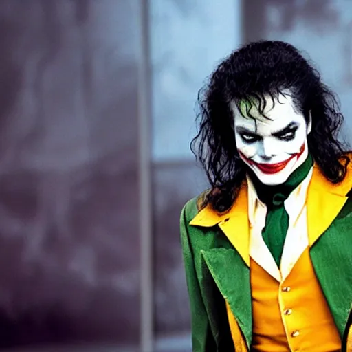 Image similar to stunning awe inspiring michael jackson as the joker, movie still 8 k hdr atmospheric lighting