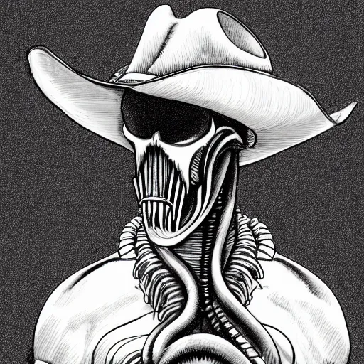 Image similar to a pencil sketch of a xenomorph alien wearing a cowboy hat, white background, fine detail, black and white