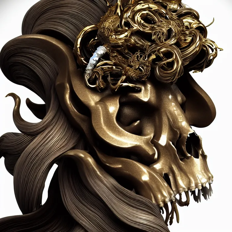 Image similar to goddess princess face close-up portrait ram skull. sculpture made of polished gold and matte obsidian. jellyfish phoenix head, nautilus, orchid, skull, betta fish, bioluminiscent creatures, intricate artwork by Tooth Wu and wlop and beeple. octane render, trending on artstation, greg rutkowski very coherent symmetrical artwork. cinematic, hyper realism, high detail, octane render, 8k