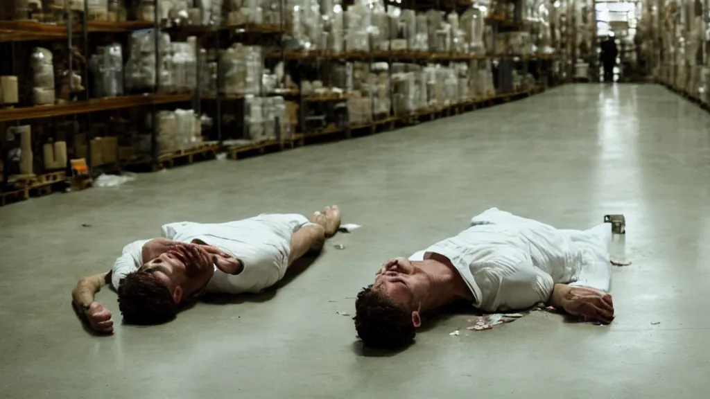 Image similar to film still of a wounded man in a white shirt laying in a warehouse next to a gun on the ground. moody, grainy, 4 k, high detail, aesthetic, good composition, anatomically correct, directed by wes anderson,