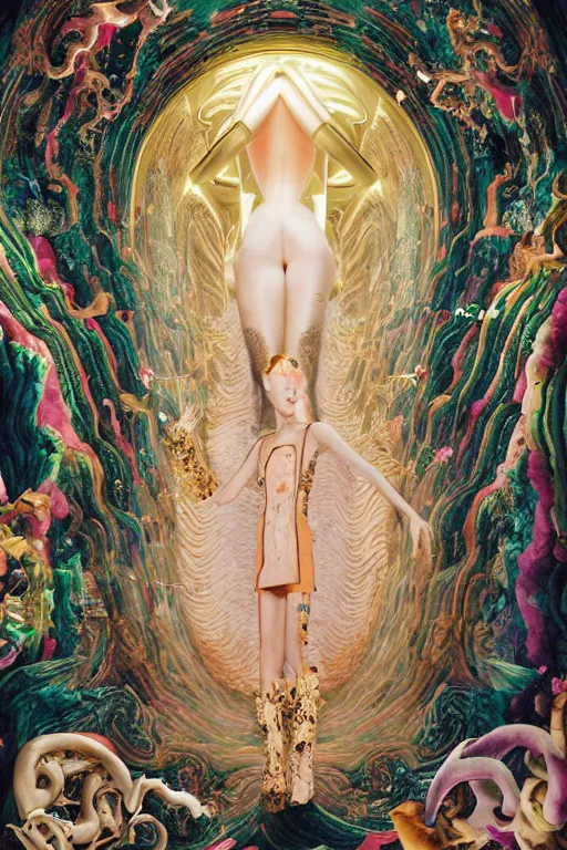 Prompt: instax of Portal to Multiverse from Vogue editorial fashion photography, dressed by Givenchy and Salvatore Ferragamo, haute couture painted by Andrea Pozzo, frame of Pan's Labyrinth and Prometheus by Guo Jian and Yue Minjun, in lush brain coral femur by Javier Medellin Puyou