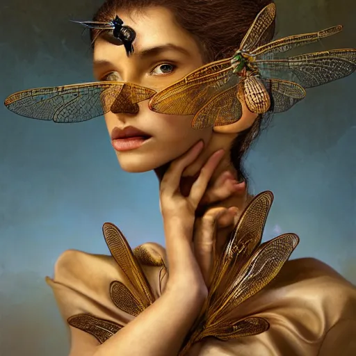 Image similar to brown woman wearing a shiny dragonfly armor. iridiscent. super detailed. layered. textured. award winning. dispersion of light. refracted lighting. soft. fragile. by ray caesar. by louise dahl - wolfe. by andrea kowch. surreal photoraphy. photorealistic