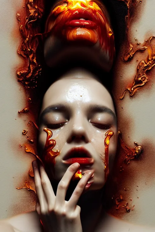 Prompt: 3 d, crying fashion model, flame, liquid black water, morning, vogue cover style, poster art, high detail, intricate oil painting, multiple exposure, hell mood, hyperrealism, 3 d, by tooth wu and wlop and beeple and greg rutkowski