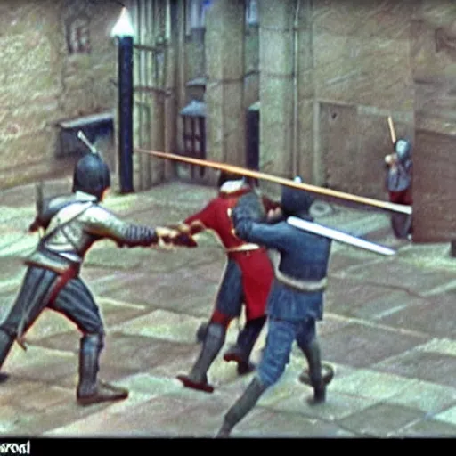 Image similar to medieval sword fight cctv footage, coloured photo, security cam footage