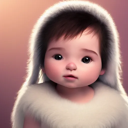 Image similar to a cute little angel baby with long fur, portrait, pixar style, extremely realistic photo, heaven background, cinematic lighting, award winning creature portrait photography