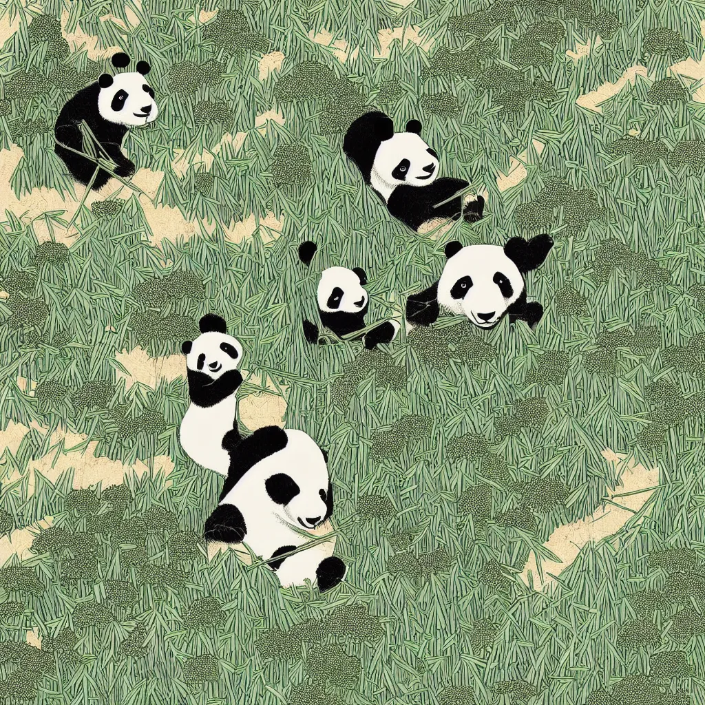 Prompt: isometric view illustration of a bamboo forest and panda eating bamboo, highly detailed mid day by victo ngai
