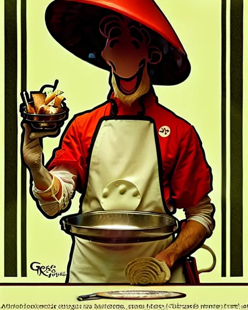 Image similar to an anthropomorphic mushroom chef cooking a meal, art by greg rutkowski and alphonse mucha