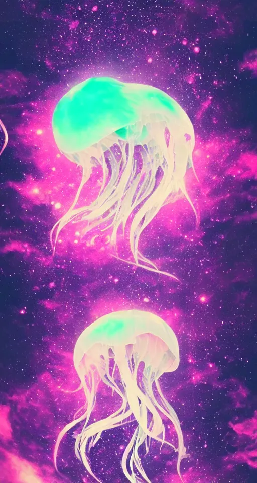 Image similar to the moon turning into a majestic jellyfish made out of the cosmos, drifting through a vaporwave ocean, vaporwave style, iphone wallpaper, digital art