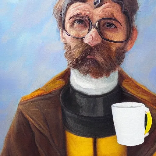 Image similar to tired nightshift man in a bumblebee suit sips a coffee, highly detailed, masterpiece, oil on canvas