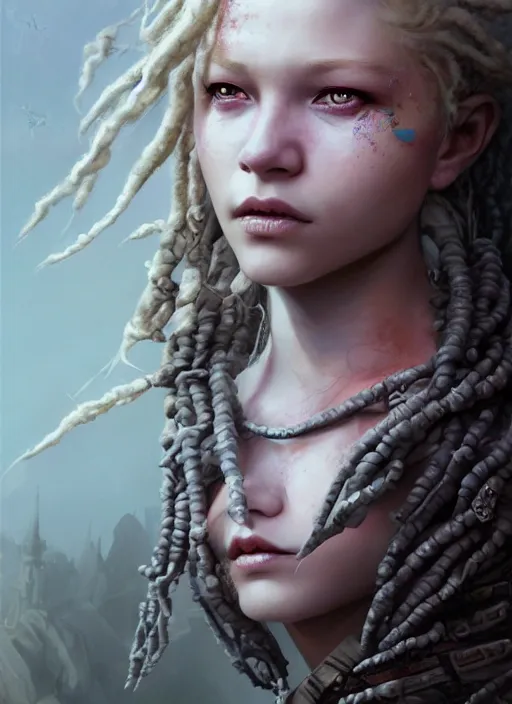 Image similar to fantasy changeling girl with blonde dreadlocks revealing her true nature, staring eyes, dim light, front game card, marvel comics, dark, intricate, highly detailed, smooth, smirking, artstation, digital illustration by ruan jia and mandy jurgens and artgerm and wayne barlowe and greg rutkowski and zdislav beksinski