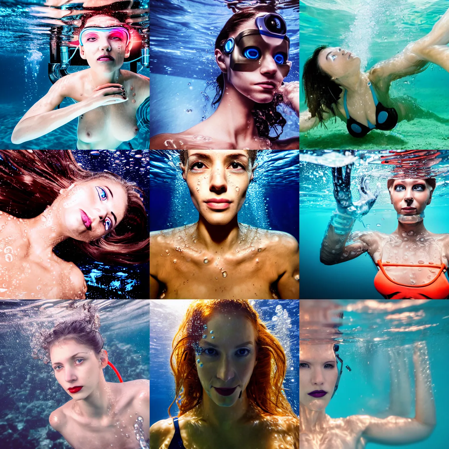Prompt: portrait photo of a beautiful female cyborg under water