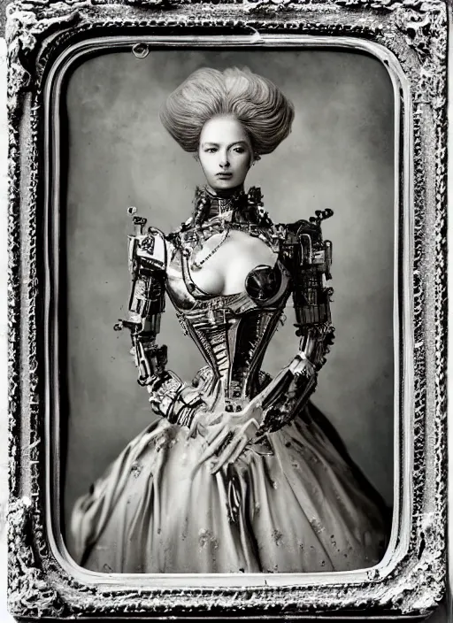 Image similar to old wetplate daguerreotype portrait of a futuristic silver armored headless marie antoinette cyborg, fractal, intricate, elegant, highly detailed, parallax, leica, medium format, subsurface scattering, by jheronimus bosch and greg rutkowski and louis jacques mande daguerre