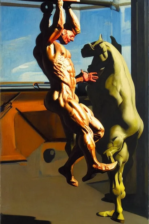 Prompt: astronaut bodybuilder lifts horse statue, highly detailed painting by francis bacon, edward hopper, adrian ghenie, gerhard richter, and james jean soft light 4 k,