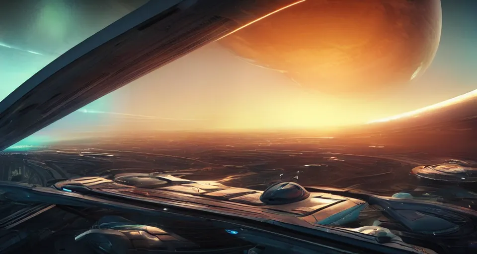 Prompt: a bulbous zaha hadid space-station highway over passes, ilm, beeple, star citizen halo, mass effect, 2001 space odyssey, elysium, iron smelting pits, warm saturated colours, atmospheric perspective, dramatic sunset