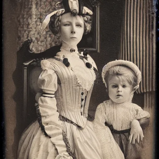 Image similar to portrait of a life size victorian female clockwork robot standing in with a human child in her care, 8 k, soft lighting, highly detailed realistic, face in focus polaroid photography