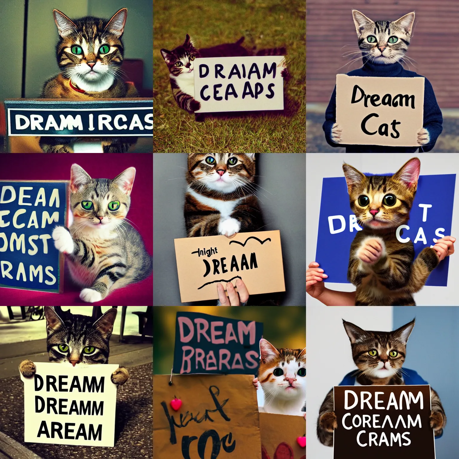 Image similar to realistic high quality photo of a cute cat holding a sign with text that reads : dream cats