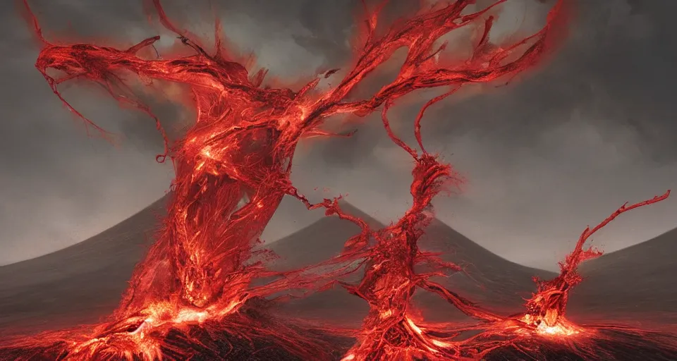 Image similar to a volcano made of ivory vines and crimson rocks enters in eruption, it spits a smoke in the shape of demonic eye, by CGSociety