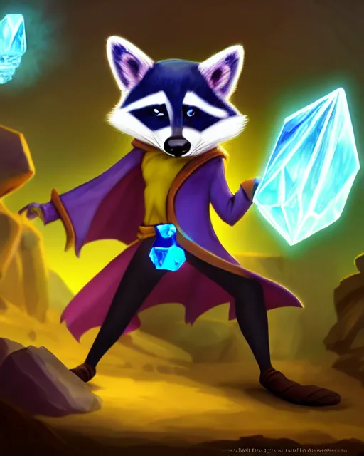 Image similar to highly detailed digital illustration portrait of sorcerer sly cooper raccoon holding a magical glowing gemstone in a crystal cave, action pose, d & d, magic the gathering, criag mullins, artgerm, wlop, disney, pixar,