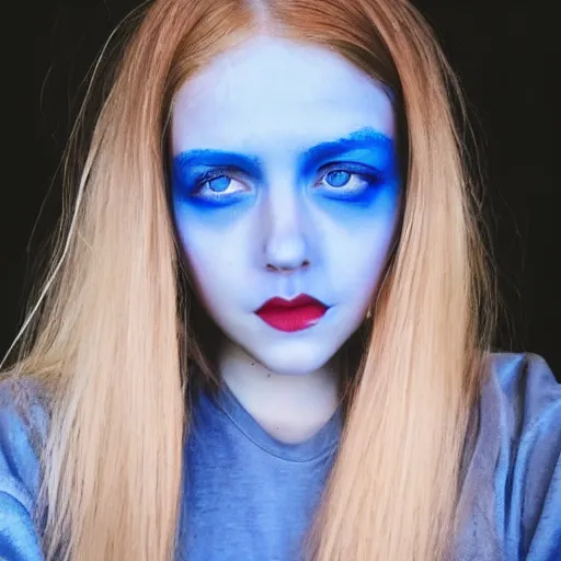 Image similar to a pale girl with wide blue eyes and blue hair, soft facial features, looking directly at the camera, neutral expression, instagram picture