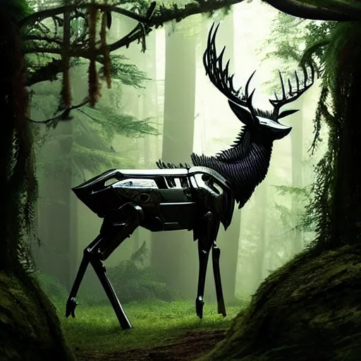 Image similar to chrome stag made of corvette parts in a lush forest :: moody, ornate, dynamic, particulate, intricate, elegant, highly detailed, centered, artstation, smooth, sharp focus, octane render