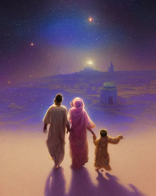 Image similar to bedouin man and woman and child in galaxy walking towards mosque surrounded by nebula, highly detailed, gold filigree, romantic storybook fantasy, soft cinematic lighting, award, disney concept art watercolor illustration by mandy jurgens and alphonse mucha and alena aenami, pastel color palette, featured on artstation