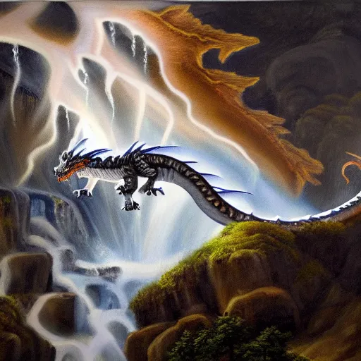 Image similar to oil painting of a dragon flying in the air near a cave with a waterfall in the center, light emanating from the waterfall leading to a big pool of water, dragon has black and white siberian tiger stripes, elegant, sharp focus, wide shot, clear, detailed, early renaissance