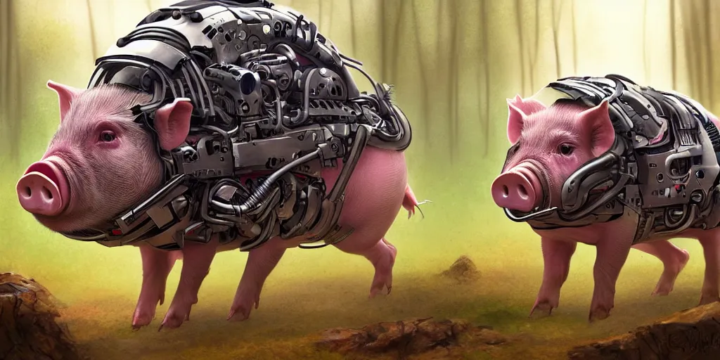 Prompt: portrait of a cyborg pig running in forest, cyberpunk, biomechanical, hyper detailed, trending on artstation