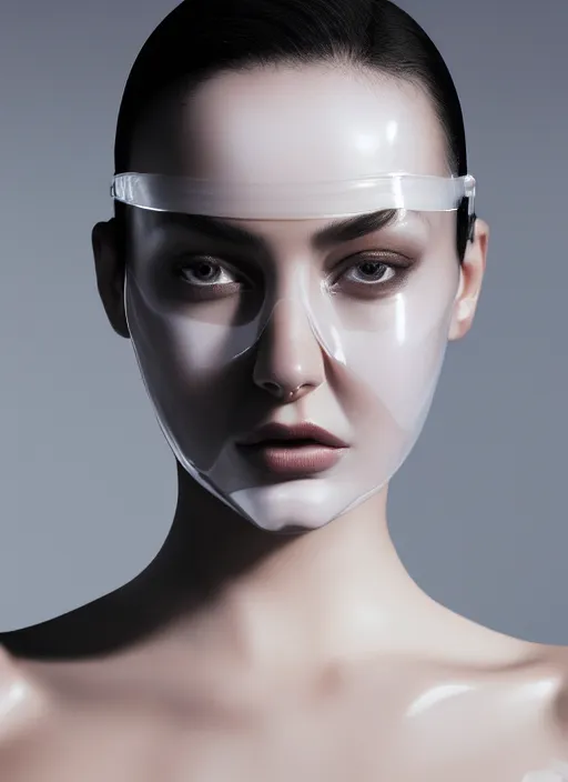 Prompt: a fierce nubile young woman with reflections in her eyes and slicked hair, wearing an opaque white pvc bodysuit and mask, clear skin, elegant, graceful, fashionable, cinematic, hyperdetailed illustration by irakli nadar and alexandre ferra, depth of field, global illumination,