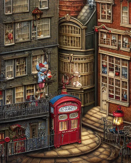 Prompt: highly detailed closeup, portrait of a tin toy victorian london streets, hyper realistic, artstation, illustration, nicoletta ceccoli, mark ryden, lostfish, dan decarlo, bob clampett, max fleischer, digital paint, matte paint, vivid colors, detailed and intricate environment