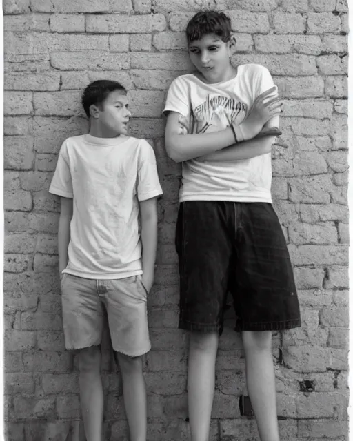 Image similar to black and white photo, two teenage boys stand against a wall, staring lovingly into each other's eyes, cdx