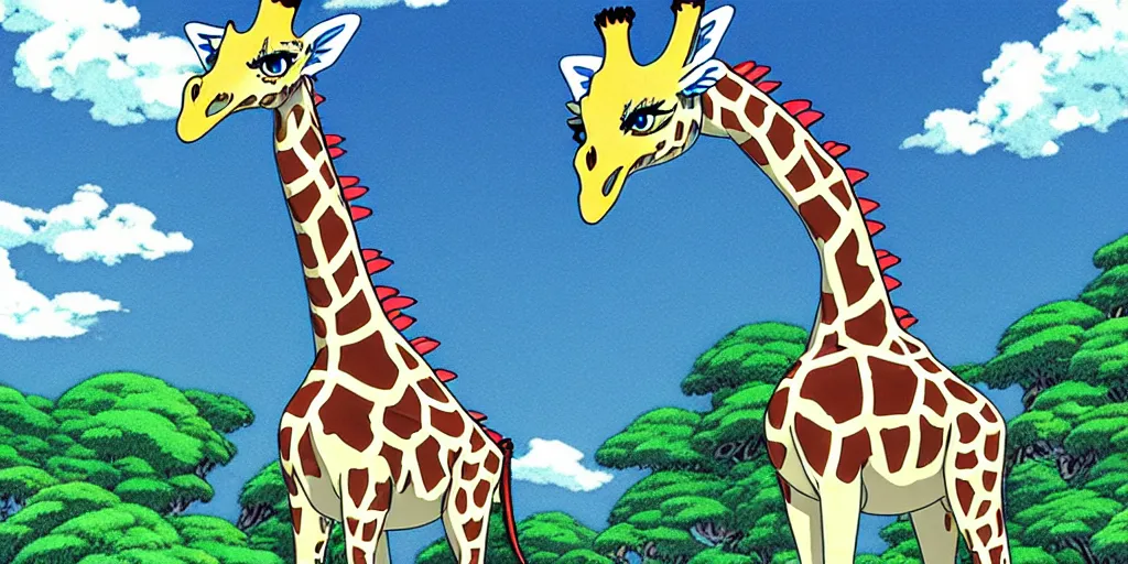 Image similar to giraffe with big blue feathered dragon wings on its back, full body shot, wings, by studio ghibli