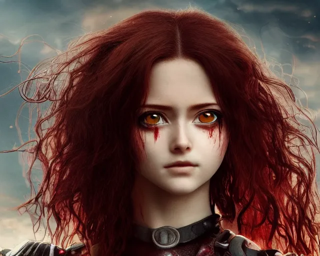 Prompt: award winning 5 5 mm close up face portrait photo of an anesthetic and beautiful redhead alita battle angel who looks directly at the camera with blood - red wavy hair, intricate eyes that look like gems, and long fangs, in a park by luis royo. rule of thirds.