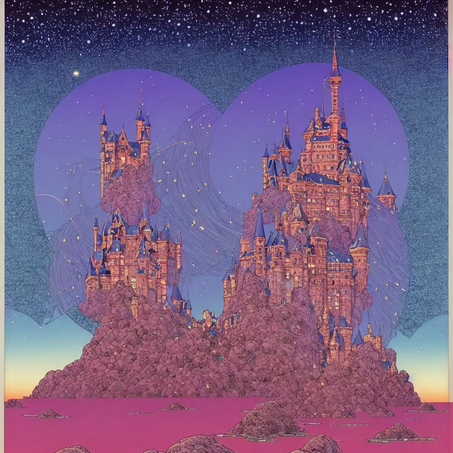 Prompt: ( ( ( ( shinning starry sky and a huge castle, with decorative frame design ) ) ) ) by mœbius!!!!!!!!!!!!!!!!!!!!!!!!!!!, overdetailed art, colorful, artistic record jacket design