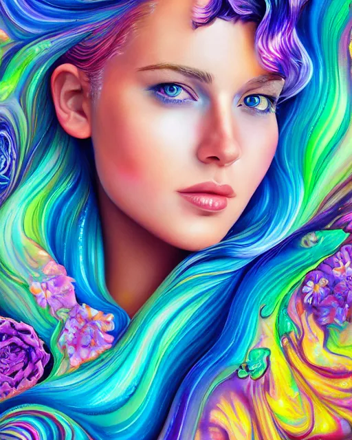Prompt: ultra detailed realistic colorful acrylic pour flow painting of a iridescent - haired woman with striking eyes, girl in a bed of flowers, directed gaze, digital art by rhads, lisa frank, clint cearley, trending on artstation, psychedelic art, psychedelic, metaphysical, vibrant colors, mystical, digital illustration