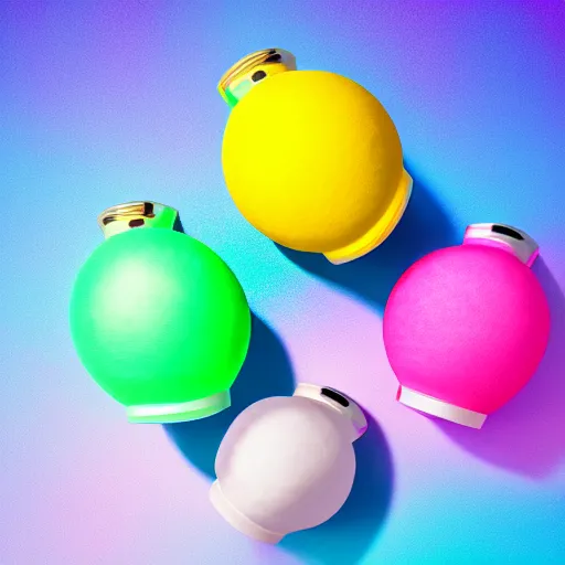 Image similar to mk 2 grenade!!! made of cotton candy, centered, product shot, bright, airy, iridescent lighting, gradient background