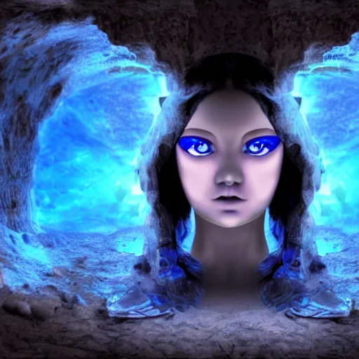 Prompt: mysterious divine goddess with bright blue eyes in a dark cave, photo 3 d,