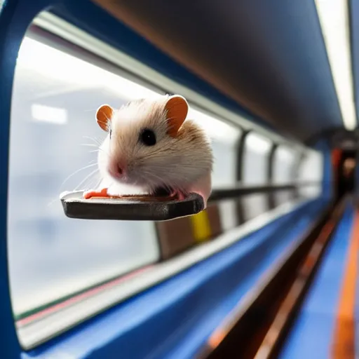 Image similar to photo of a metro train interior, a tiny hamster is sitting on a seat, various poses, unedited, soft light, sharp focus, 8 k