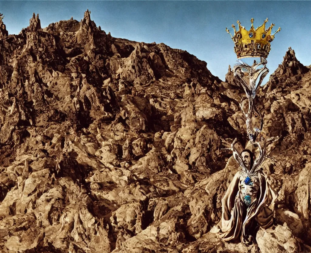 Image similar to salvador dali wearing a crown and costume with jewels in front of a huge crowd in a dry rocky desert landscape, alien construction by giger, film still from the movie by alejandro jodorowsky with cinematogrophy of christopher doyle and art direction by hans giger, anamorphic lens, kodakchrome, very detailed photo, 8 k