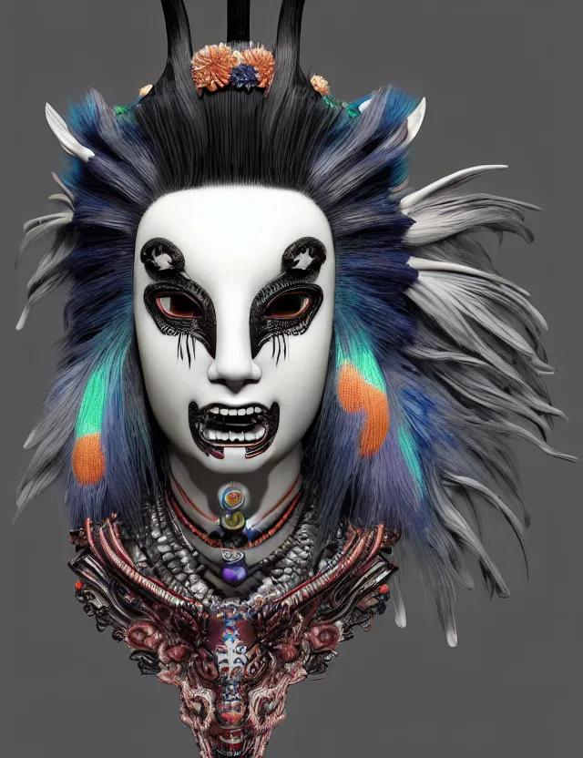 Image similar to 3 d photo realistic goddess close - up profile portrait punk with mohawk with ram skull. beautiful intricately detailed japanese crow kitsune mask and clasical japanese kimono. betta fish, jellyfish phoenix, bio luminescent, plasma, ice, water, wind, creature, artwork by tooth wu and wlop and beeple and greg rutkowski