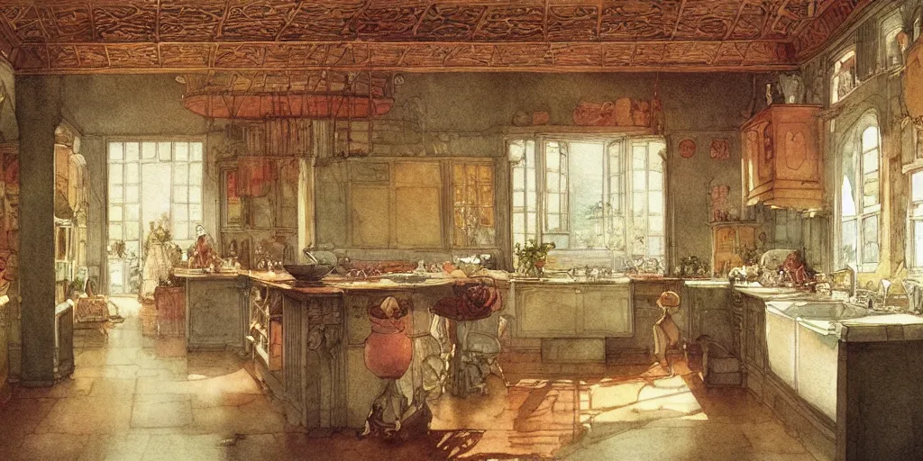 Prompt: a hiper intricate watercolor of a beatiful kitchen, extremely detailed, sharp focus, wide view, smooth, digital illustration, colorfull, by william turner art, by greg rutowski, by carl larson, by edmund dulac