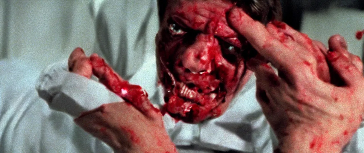 Prompt: filmic closeup dutch angle movie still 4k UHD 35mm film color photograph of a screaming horrified doctor looking down at his freshly amputated hand, where his wrist has been freshly severed, blood is gushing from the wound in the style of a 1980s horror movie