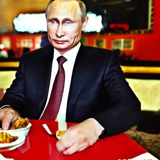 Prompt: Vladimir Putin enjoying dixie chicken after a long party, photo, iphone, camera