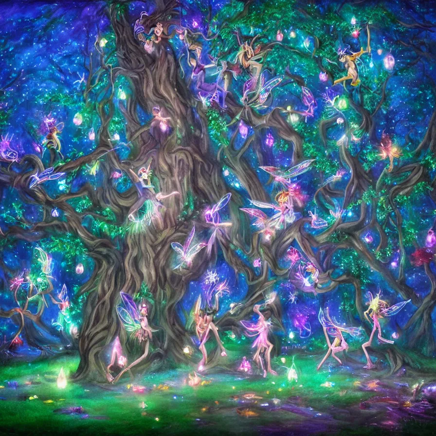 Image similar to a night carnival fairies around a magical tree next to a lake with iridiscent water, christmas lights, volumetric lightning, creatures and fantastic people disguised as fantastic creatures in a magical forest by summer night, masterpieceunderwater scene, masterpiece painted by kelton nelson, scene by night