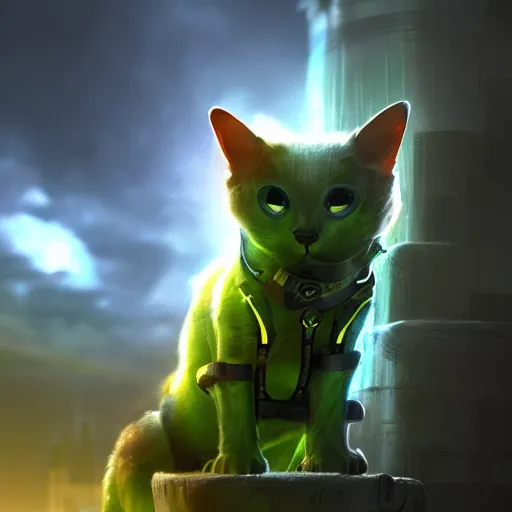 Prompt: moody atmospheric render of a cyborg cat with a chartreuse and teal color scheme by leon tukker