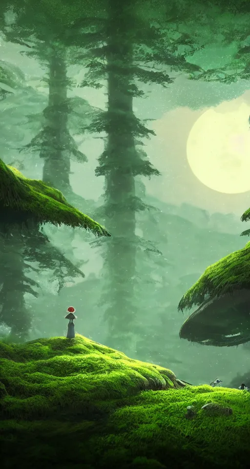 Prompt: a beautiful forest with mountains in the distance, at night, full moon, mushrooms, moss, bioluminescence, octane render, chiaroscuro, digital art, hd, in the style of mononoke hime, studio ghibli