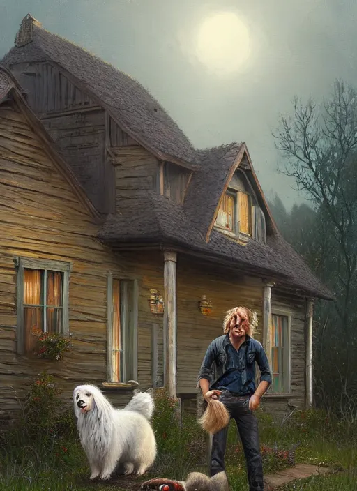 Image similar to highly detailed hyperrealistic painting of a blonde long - haired hillbilly in front of old style house, with his fluffy black and gray australian shepherd, stephen bliss, art by greg rutkowski, loish, rhads, ferdinand knab, makoto shinkai and lois van baarle, tom bagshaw, global illumination, artstation