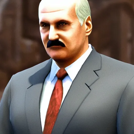 Image similar to Alexander Lukashenko wearing a suit and tie in Balmora in Elder Scrolls III: Morrowind, outdated 2002 Morrowind graphics, low definition, lowpoly