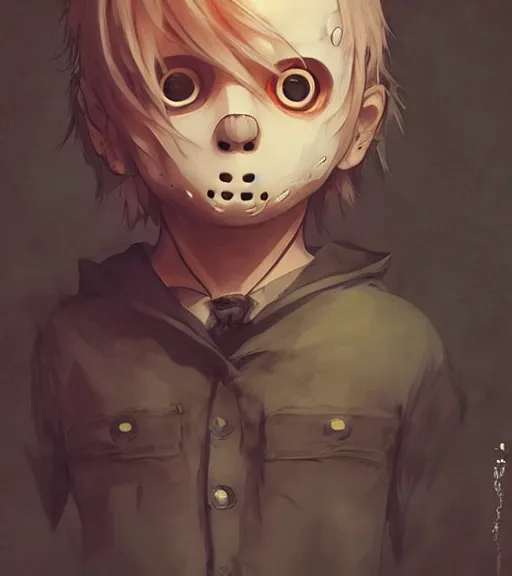 Image similar to beautiful little boy anime character inspired by jason voorhees, art by rossdraws, wlop, ilya kuvshinov, artgem lau, sakimichan and makoto shinkai, horror cinematic composition, anatomically correct, extremely coherent, realistic, mask, smooth, hd, long hair